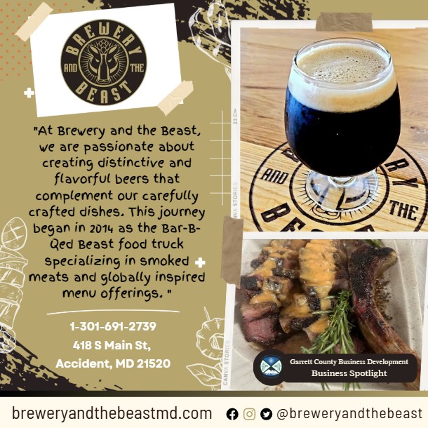 Today's Business Spotlight 🍺🍖 is on Brewery and the Beast!
Visit them at www.breweryandthebeastmd.com or Brewery and the Beast 
Follow us to see more daily Garrett County Business Spotlights!
If you are interested in having your business featured contact Connor Norman at cnorman@garrettcountymd.gov. #businessdevelopment  #garrettcountymd 